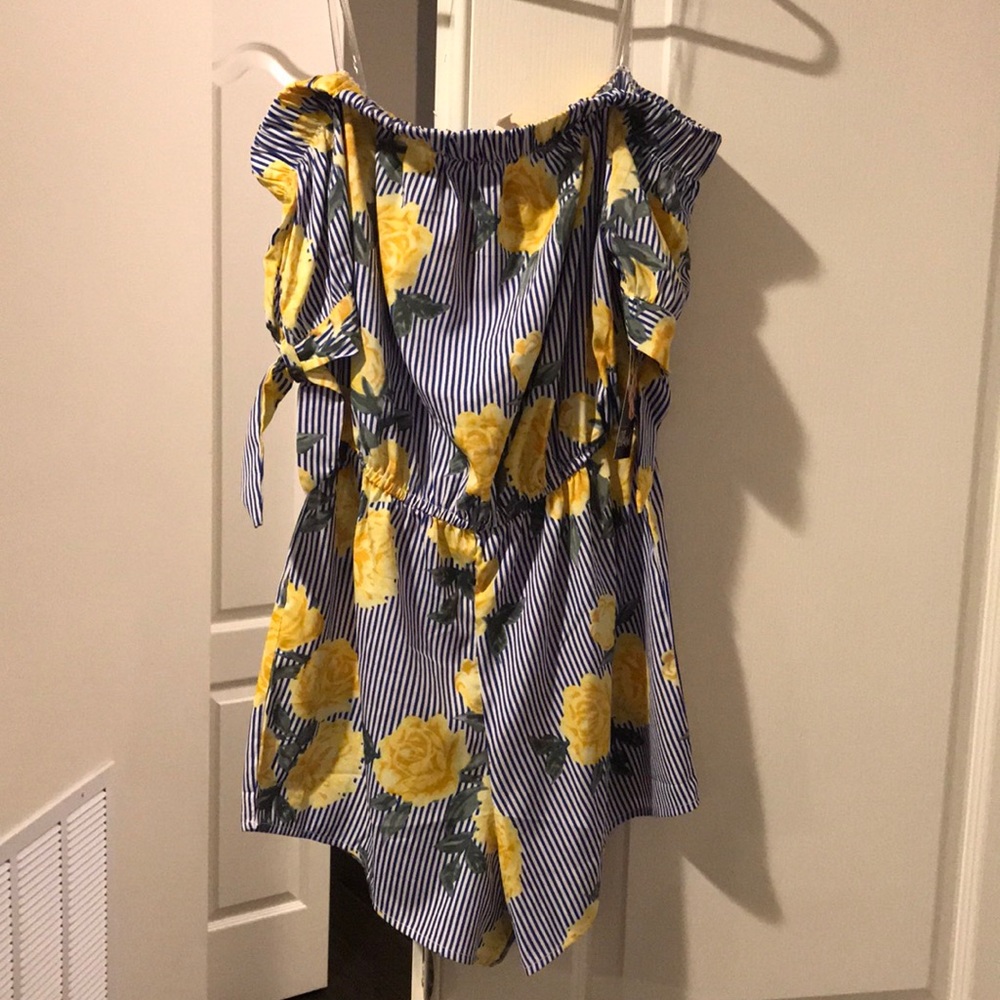 Hint of blush yellow roses blue stripe romper